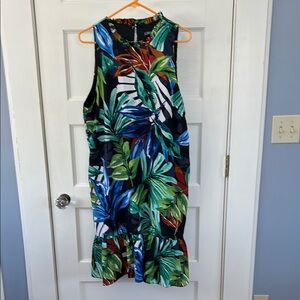 Tropical Leaf Print Sleeveless Dress